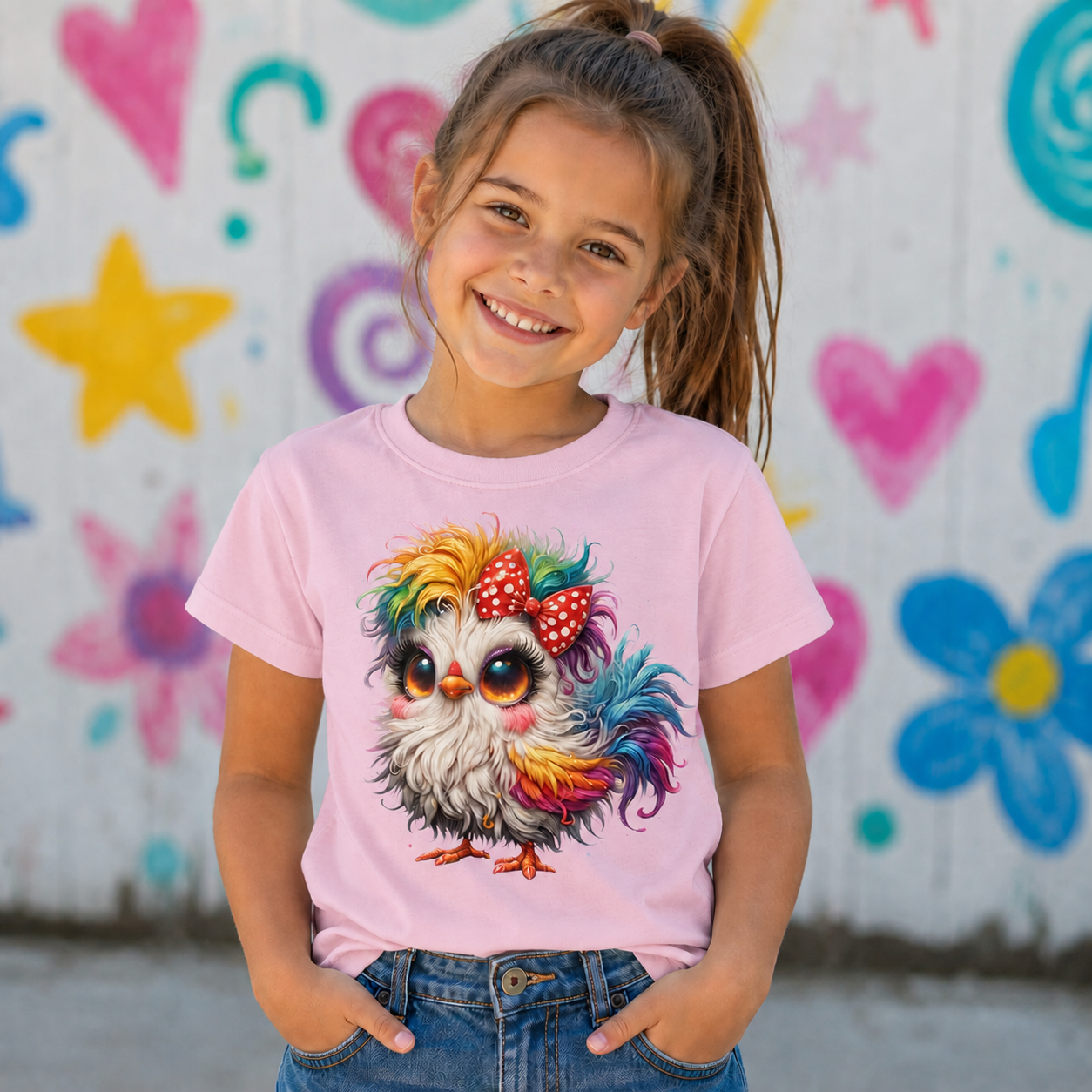 A young girl with her hair in a ponytail smiling, wearing a light pink t-shirt with a colorful cartoon chick graphic. The background is a white wall decorated with colorful painted hearts, stars, and flowers.