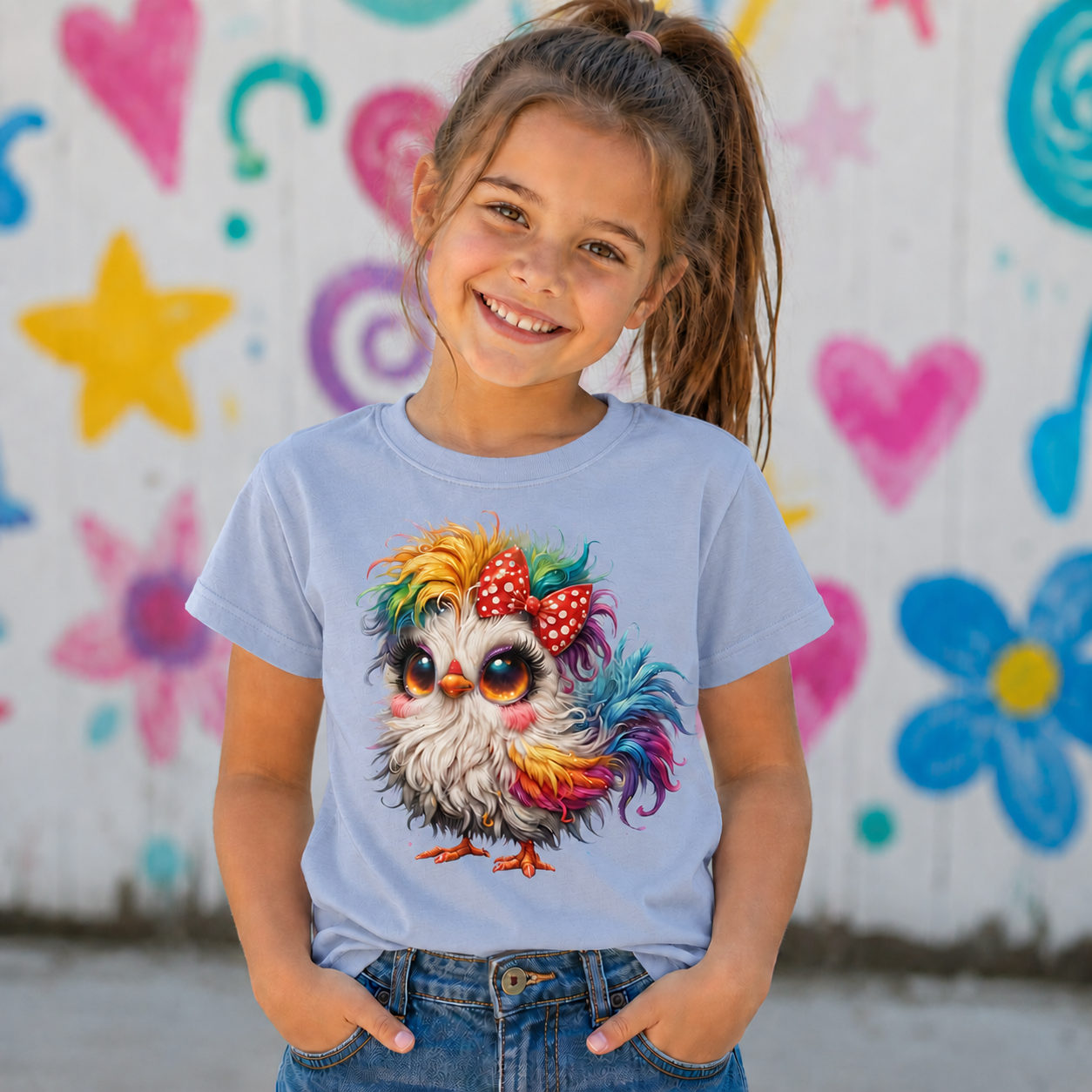 A young girl with her hair in a ponytail smiles while wearing a light blue t-shirt with a colorful cartoon owl graphic. The background is a white wall decorated with bright, painted flowers and hearts.