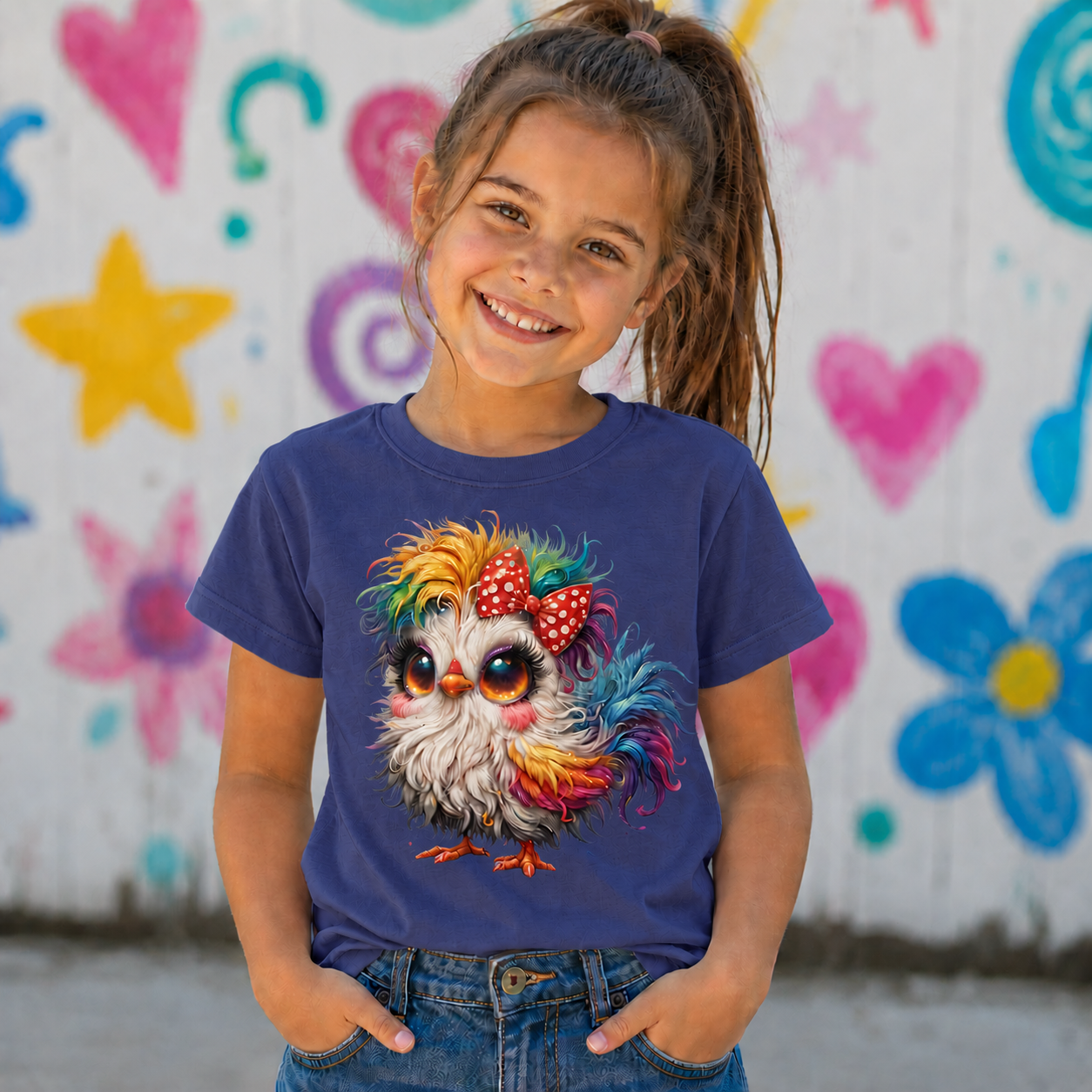 A young girl with her hair in a ponytail smiling, wearing a navy blue t-shirt with a colorful cartoon bird graphic on the front, set against a white wall decorated with bright, painted flowers and hearts.