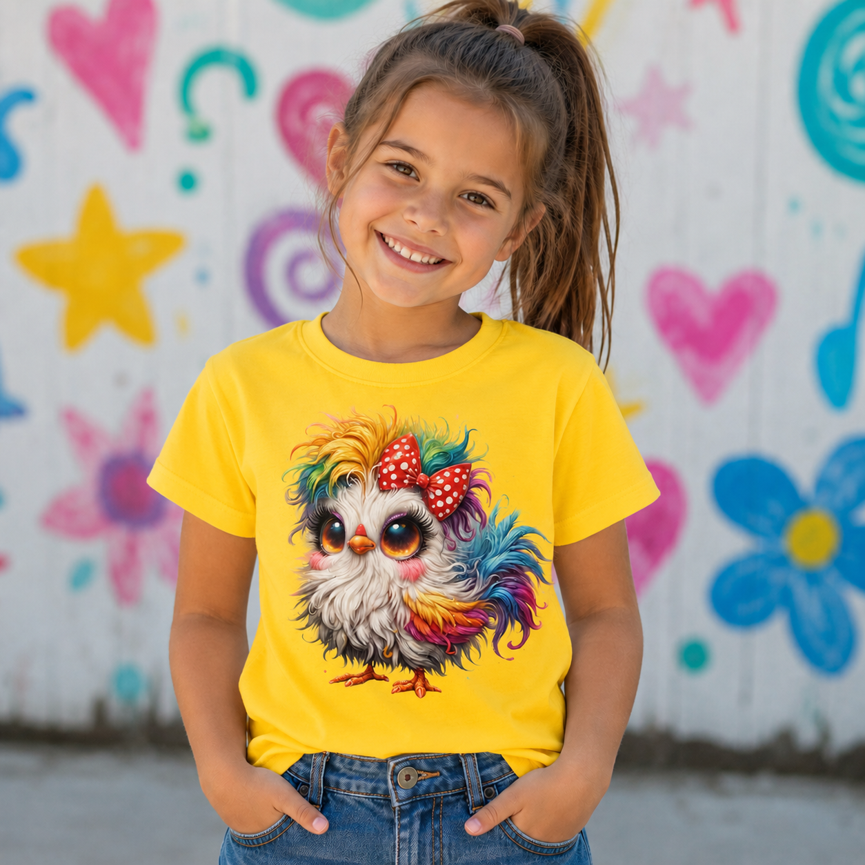 A young girl with her hair in a ponytail smiling, wearing a bright yellow t-shirt with a colorful cartoon owl graphic on the front, paired with blue jeans. She is standing in front of a white wall decorated with colorful painted hearts, stars, and flowers.