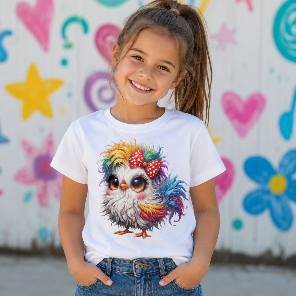 A young girl with a ponytail smiles while wearing a white graphic t-shirt featuring a colorful cartoon bird with rainbow feathers and a red polka-dot bow. She is standing in front of a white wall decorated with colorful painted hearts, stars, and flowers.