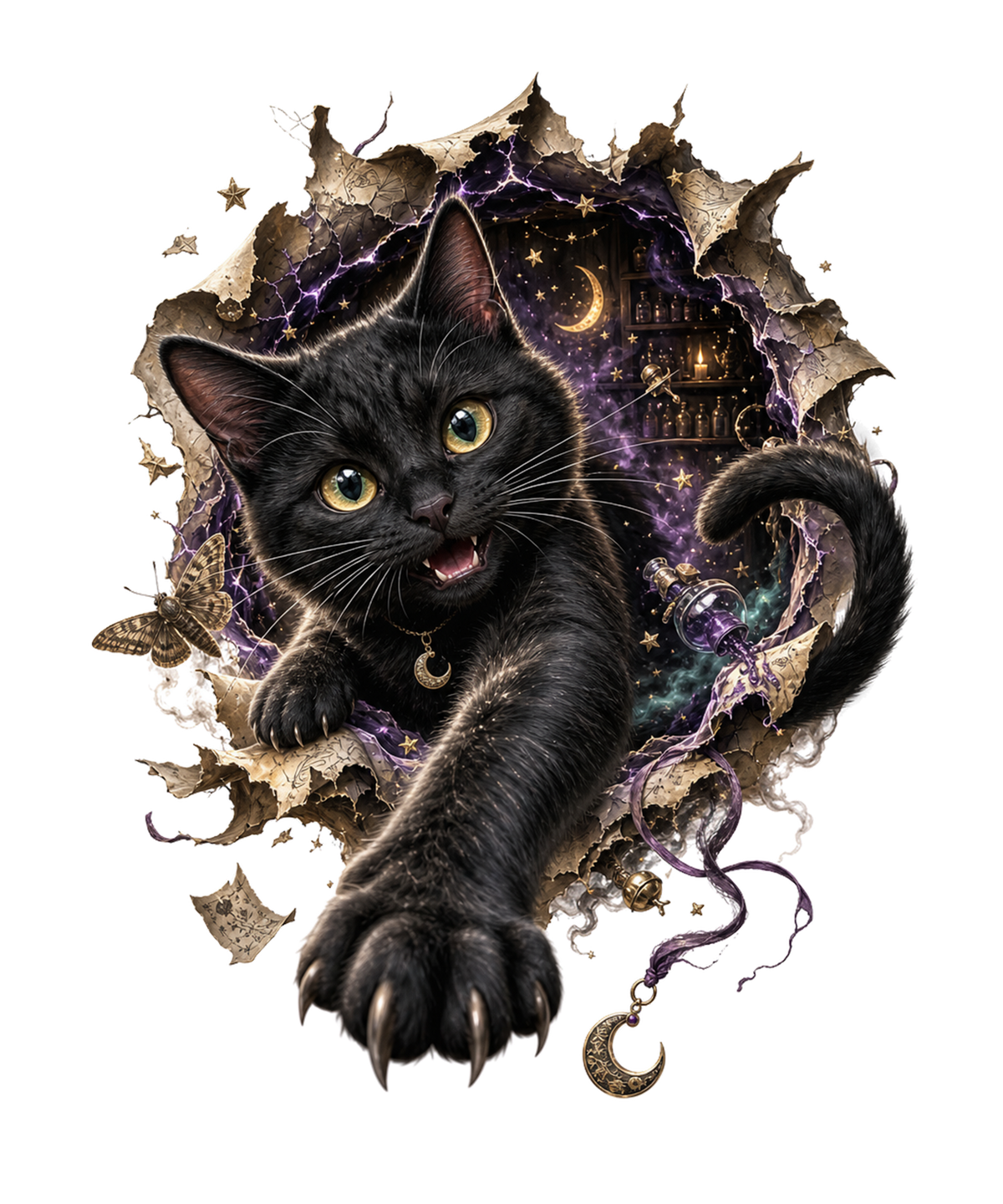 a 3D black cat graphic design with glowing golden-green eyes reaching through a torn magical portal, surrounded by purple mystical energy, crescent moons, stars, and witchy details
