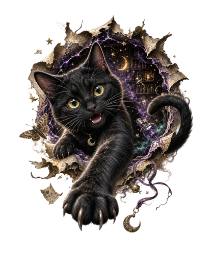 a 3D black cat graphic design with glowing golden-green eyes reaching through a torn magical portal, surrounded by purple mystical energy, crescent moons, stars, and witchy details