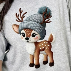 Festive sweatshirt featuring an adorable reindeer wearing a cozy beanie hat, perfect for holiday and winter wear.