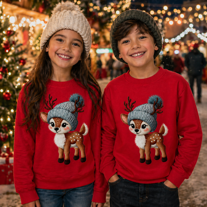 Two children wearing red sweatshirt with deer graphics in a festive outdoor setting.
