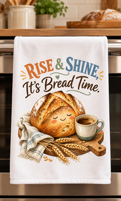 A white kitchen towel hanging on a stainless steel oven handle, featuring a colorful graphic of a smiling round loaf of bread with the text 'RISE & SHINE, It's Bread Time.' A cup of coffee, wheat stalks, and a cloth napkin are illustrated around the bread.