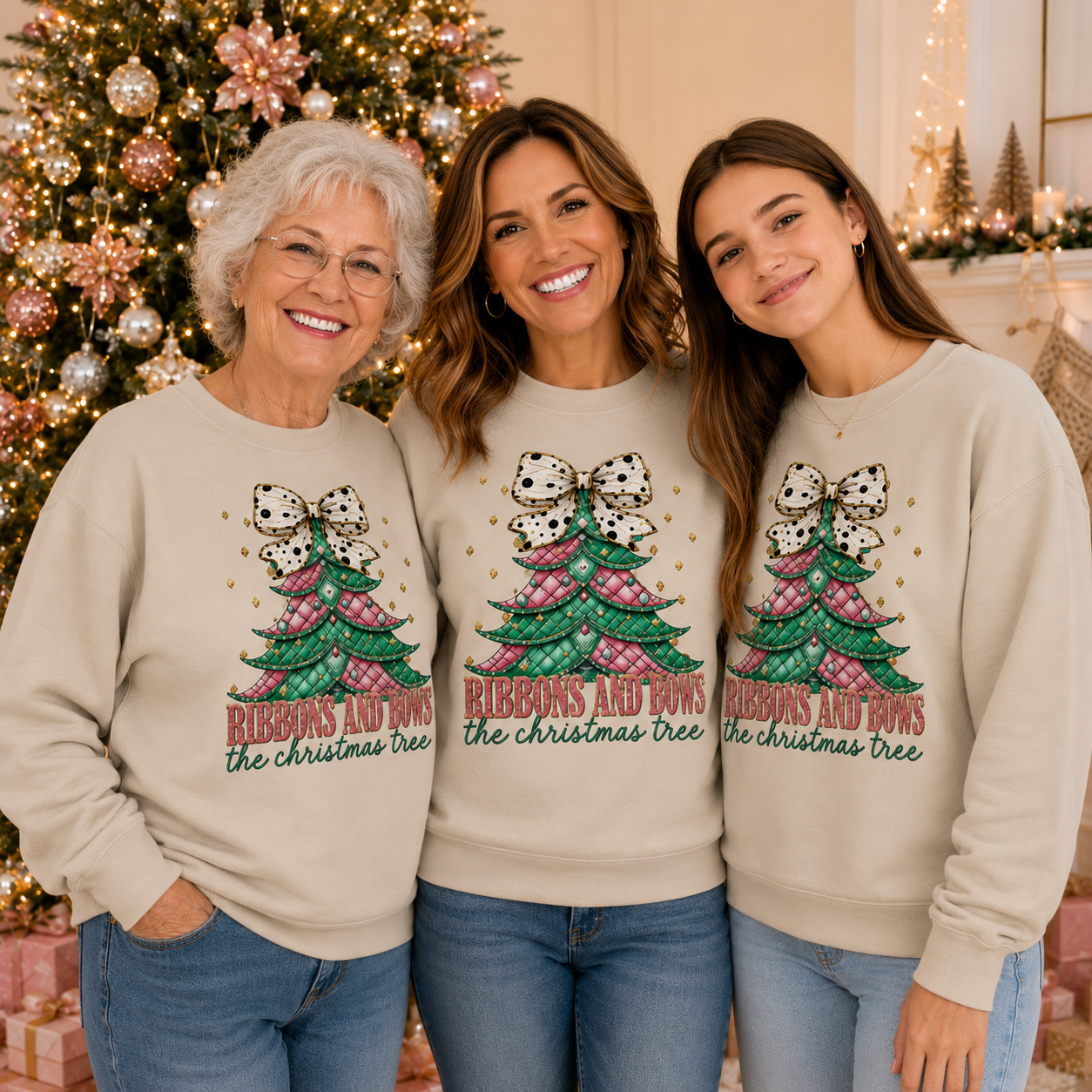 Three women wearing matching sand colored Christmas-themed sweatshirts in front of a decorated Christmas tree.