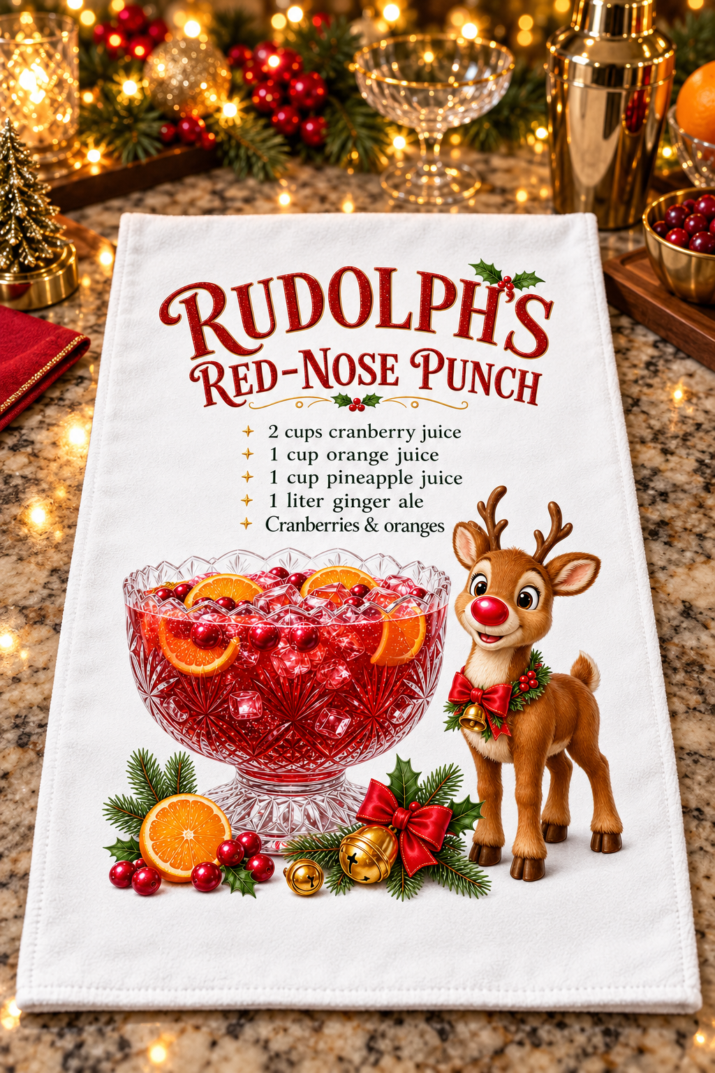 A white kitchen towel printed with 'Rudolph's Red-Nose Punch' recipe text, a red punch bowl graphic design a reindeer, and holiday decorations, laid on a granite countertop with warm holiday lights and drinkware in the background.