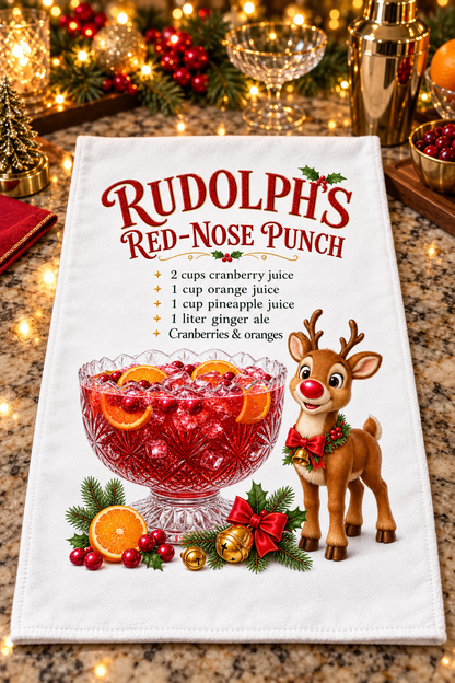 A white kitchen towel printed with 'Rudolph's Red-Nose Punch' recipe text, a red punch bowl graphic design a reindeer, and holiday decorations, laid on a granite countertop with warm holiday lights and drinkware in the background.