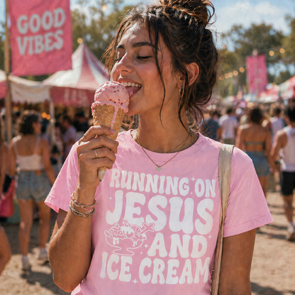 Girl wearing a blossom colored T-shirt with the graphic design Running on Jesus and Ice Cream