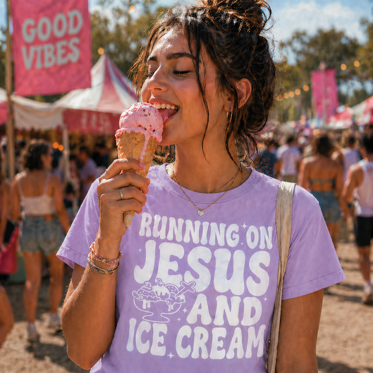 Girl wearing a orchid colored T-shirt with the graphic design Running on Jesus and Ice Cream