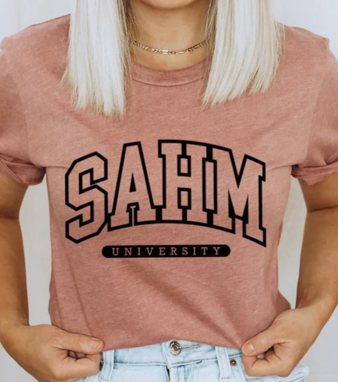 SAHM University graphic tshirt with funny collegiate mom design