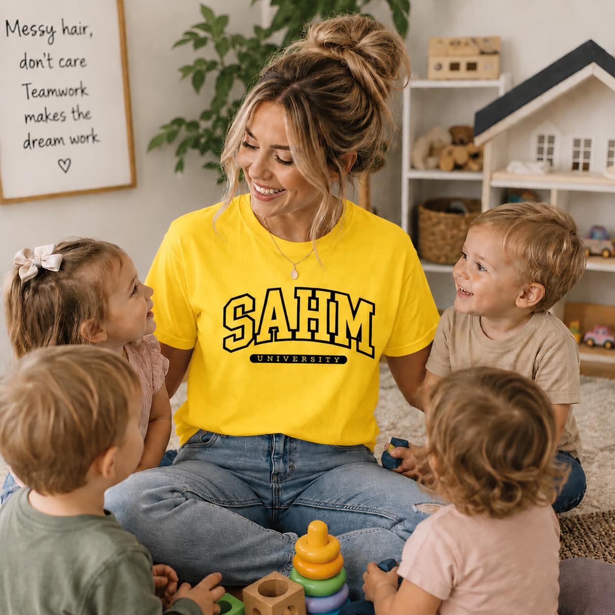 Woman in a yellow 'SAHM University' shirt sitting with children in a home setting.