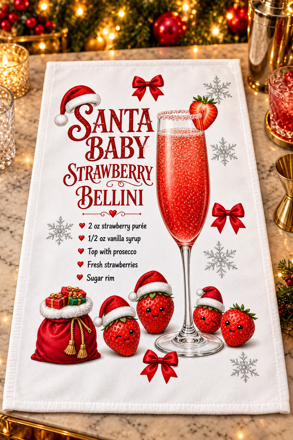 A white kitchen towel with a festive Christmas design featuring the text 'Santa Baby Strawberry Bellini', a large pinkish-red champagne flute, strawberries, red bows, snowflakes, and a red sack of gifts, photographed hanging on a countertop with warm holiday lights in the background.