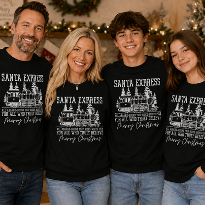 Family wearing 'Santa Express' themed shirts in a festive setting with Christmas decorations.