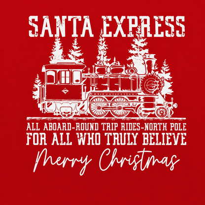 White Santa Express train graphic on a red background with Christmas text.