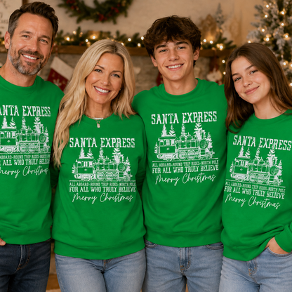 Family wearing matching green 'Santa Express' sweatshirts in a festive setting.