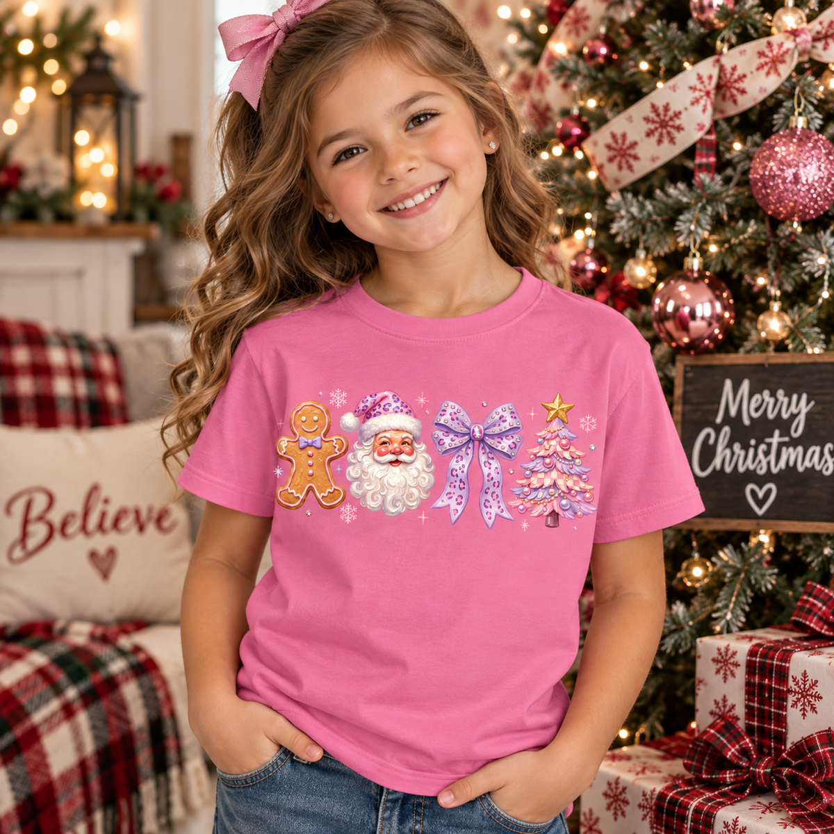 A young girl with a pink bow in her hair smiles while wearing a bright pink graphic t-shirt featuring Christmas illustrations (a gingerbread man, Santa, a purple bow, and a Christmas tree) in a cozy, decorated holiday living room setting.
