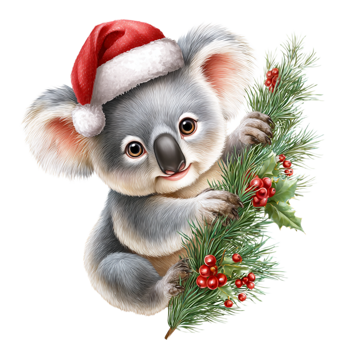A cute cartoon koala wearing a red Santa hat and holding a Christmas pine branch with red berries and green leaves on a plain white background.