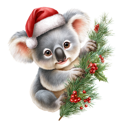 A cute cartoon koala wearing a red Santa hat and holding a Christmas pine branch with red berries and green leaves on a plain white background.