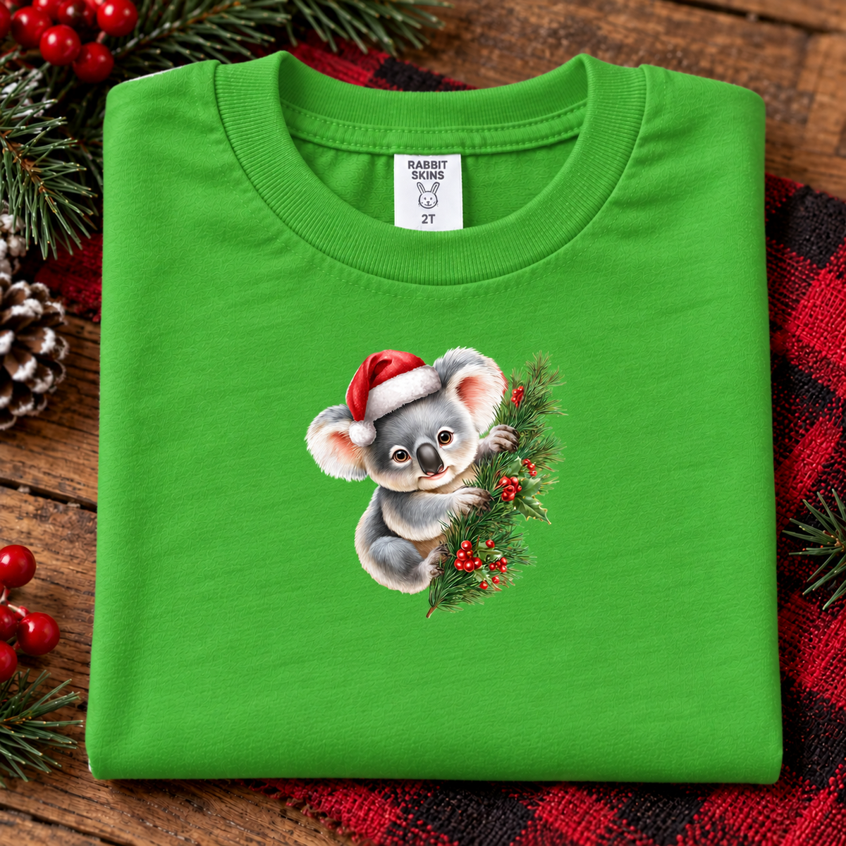 A folded apple green t-shirt with a cartoon koala wearing a Santa hat and holding a Christmas wreath, displayed on a rustic wooden background with holiday decorations.