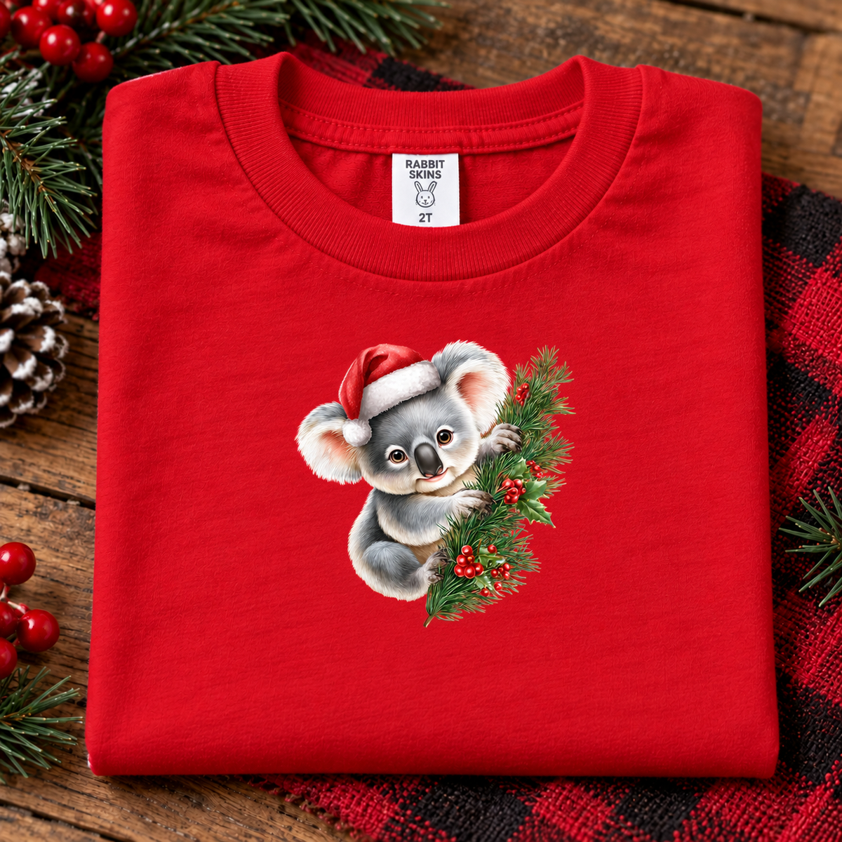 A folded red crewneck t-shirt with a graphic of a cute gray koala wearing a Santa hat and holding a Christmas wreath, displayed on a rustic wooden background with holiday decorations.