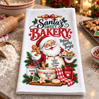 A white kitchen towel with a festive Santa Claus bakery graphic, displayed on a marble countertop with baking props like a rolling pin, flour, and gingerbread cookies in a warm holiday kitchen setting.