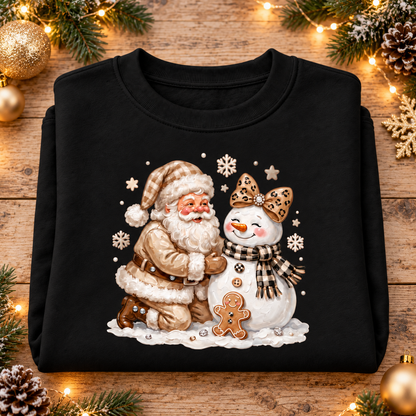 A folded black crewneck sweatshirt featuring a festive Christmas graphic of Santa Claus hugging a snowman, displayed on a rustic wooden background decorated with pine branches, lights, and gold ornaments.