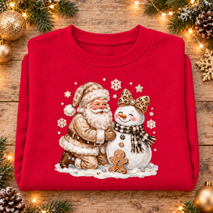 A folded red crewneck sweatshirt with a festive Christmas graphic of Santa Claus hugging a snowman, displayed on a rustic wooden background decorated with pine branches, lights, and gold ornaments.