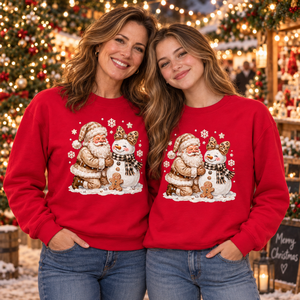 Two women wearing matching red Christmas sweatshirts with a Santa Claus and snowman graphic, standing in front of a festive holiday market background with lights and trees.