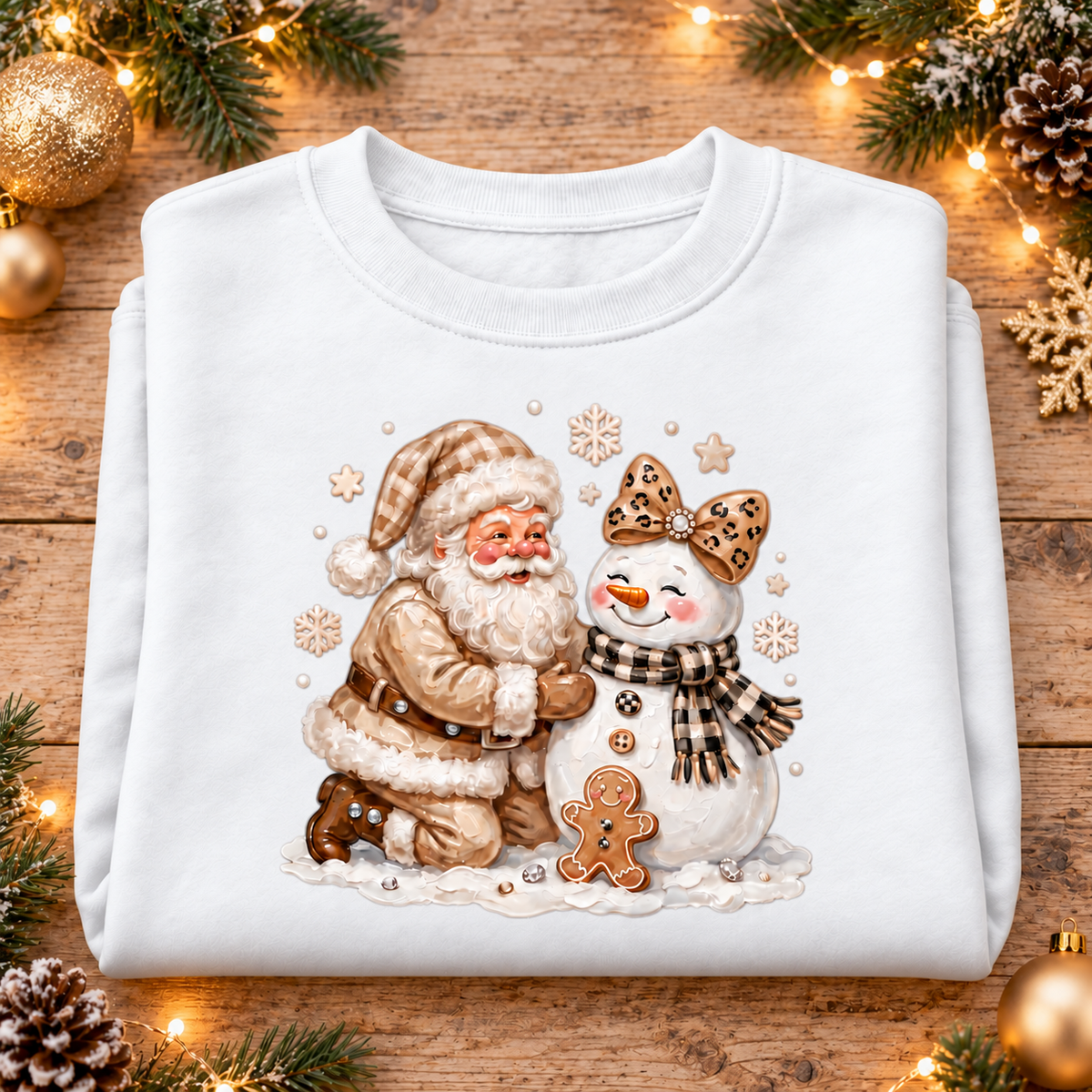 A folded white crewneck sweatshirt with a festive Christmas graphic of Santa Claus kneeling next to a snowman, displayed on a rustic wooden background decorated with pine branches, fairy lights, and ornaments.
