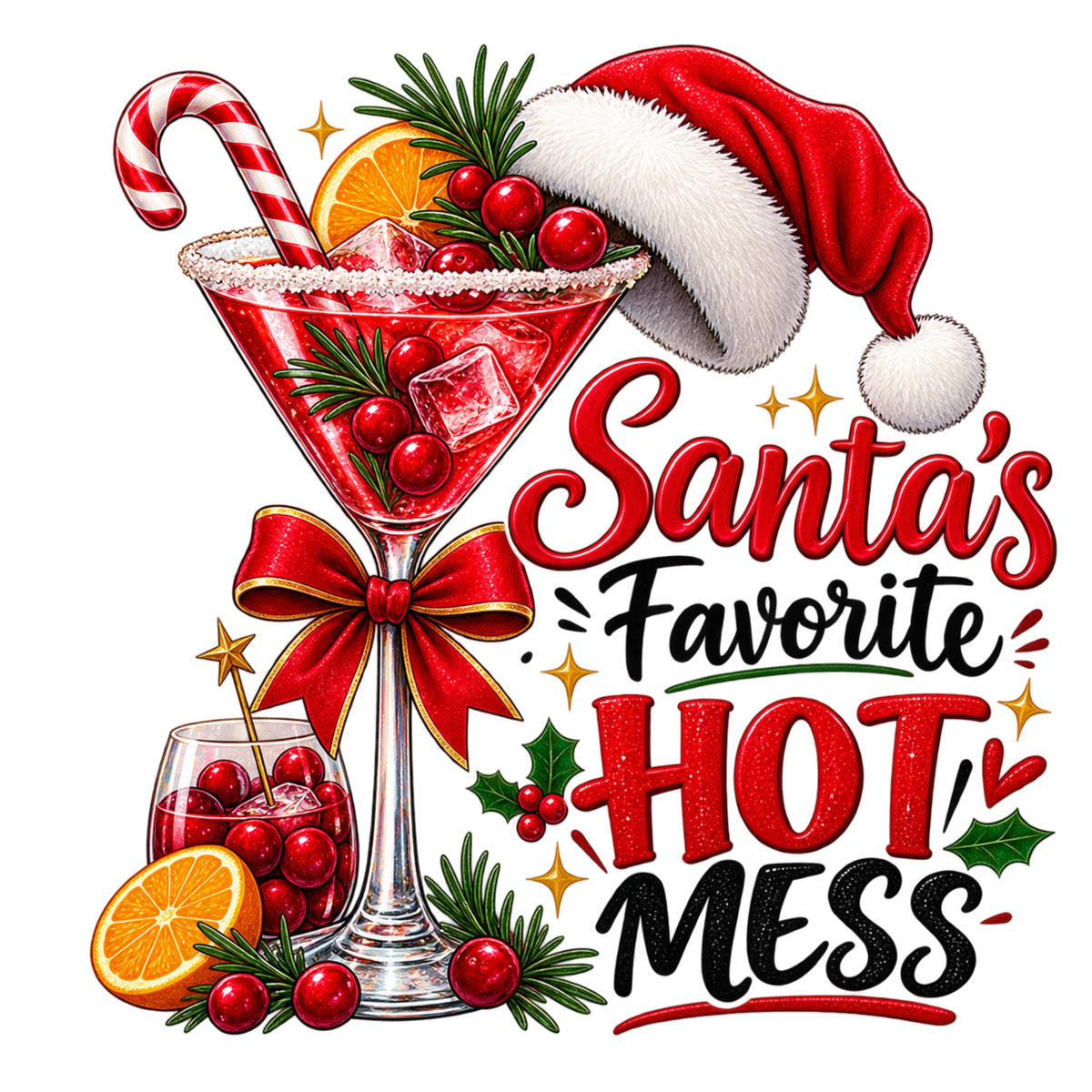 A festive Christmas-themed graphic featuring a martini glass filled with red holiday drink, candy cane, cranberries, orange slices, pine sprigs, a red bow, a Santa hat, and the text 'Santa's Favorite HOT MESS' on a white background.