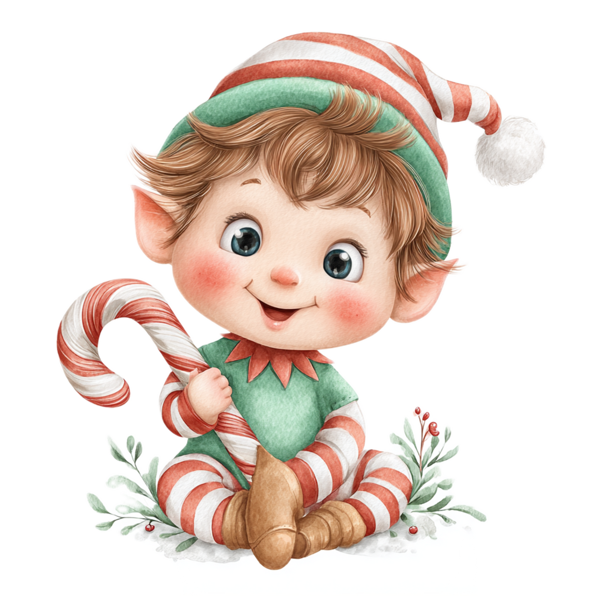 a festive Christmas elf graphic, styled in a flat lay on a wooden surface with holiday decorations including a red plaid blanket, pine branches, and ornaments. 