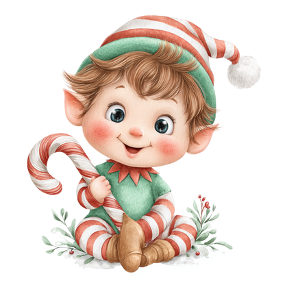 a festive Christmas elf graphic, styled in a flat lay on a wooden surface with holiday decorations including a red plaid blanket, pine branches, and ornaments. 