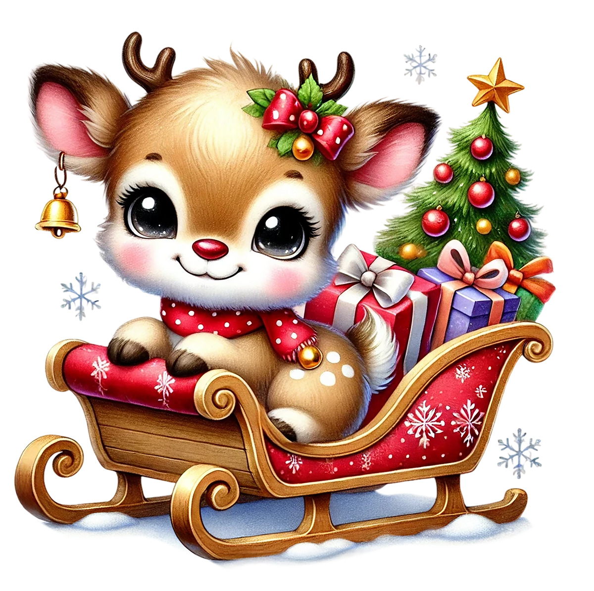 A cute cartoon baby deer sitting in a red sleigh with snowflake-patterned cushions, next to a decorated Christmas tree and wrapped gift boxes. The deer has antlers, a red polka-dot bow on its head, and a red polka-dot scarf, with a small gold bell hanging from its ear.