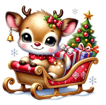 A cute cartoon baby deer sitting in a red sleigh with snowflake-patterned cushions, next to a decorated Christmas tree and wrapped gift boxes. The deer has antlers, a red polka-dot bow on its head, and a red polka-dot scarf, with a small gold bell hanging from its ear.