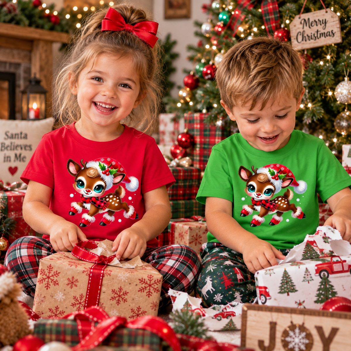 Two children sitting together in a decorated Christmas living room, wearing matching holiday graphic t-shirts. The girl on the left wears a red shirt with a brown deer graphic, and the boy on the right wears a green shirt with a similar deer graphic.