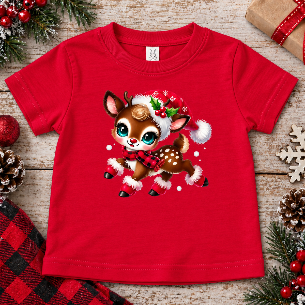 A red short-sleeve kids' t-shirt featuring a cute cartoon Christmas deer graphic in the center, styled in a flat-lay on a rustic wooden background with holiday decorations.