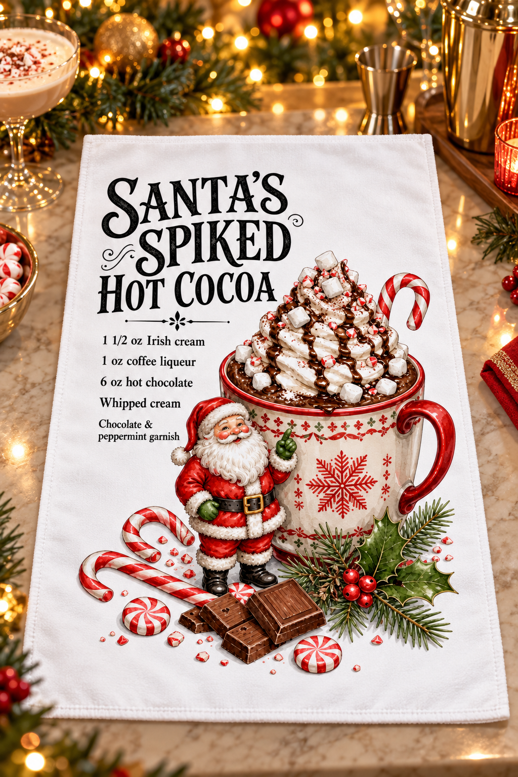 A festive kitchen towel featuring a Christmas-themed hot cocoa recipe and graphic design of Santa, a mug of whipped cocoa, candy canes, peppermint candies, and pine branches, displayed on a holiday table with warm lights and holiday decor.