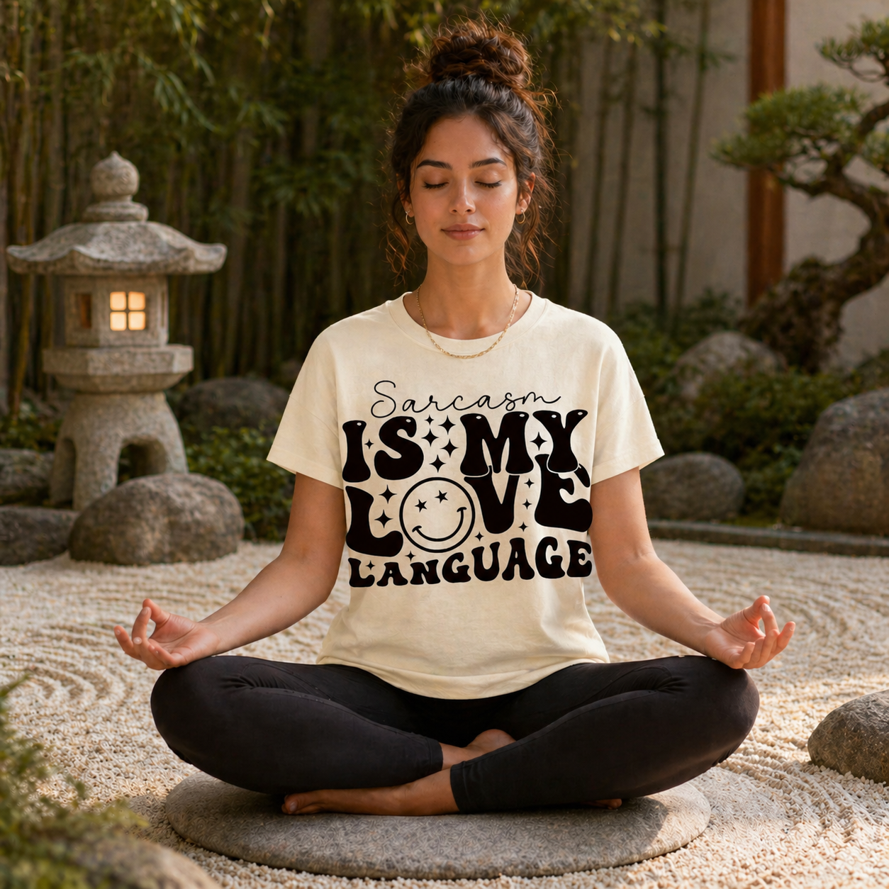 Woman meditating outdoors wearing an ivory colored  t-shirt with 'Sarcasm is my love language' text.