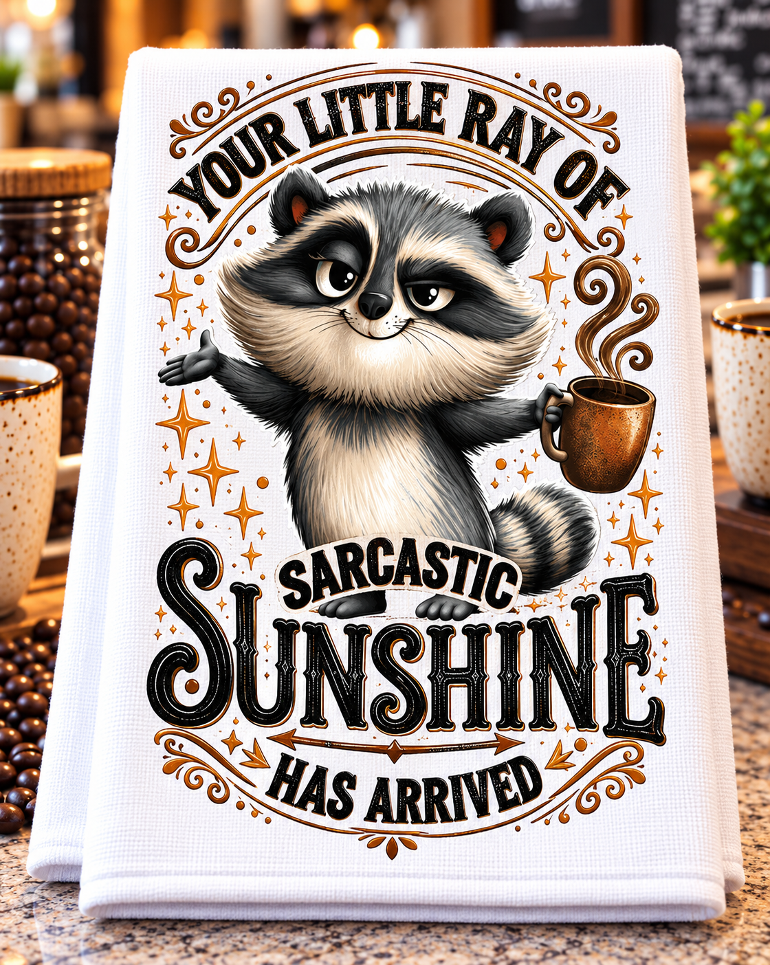 A white kitchen towel with a detailed graphic of a raccoon holding a coffee mug, surrounded by decorative text that reads 'YOUR LITTLE RAY OF SARCASTIC SUNSHINE HAS ARRIVED'. 