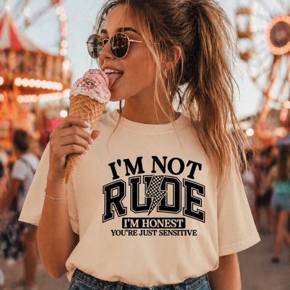 Woman eating ice cream with a humorous natural colored t-shirt in a fairground setting