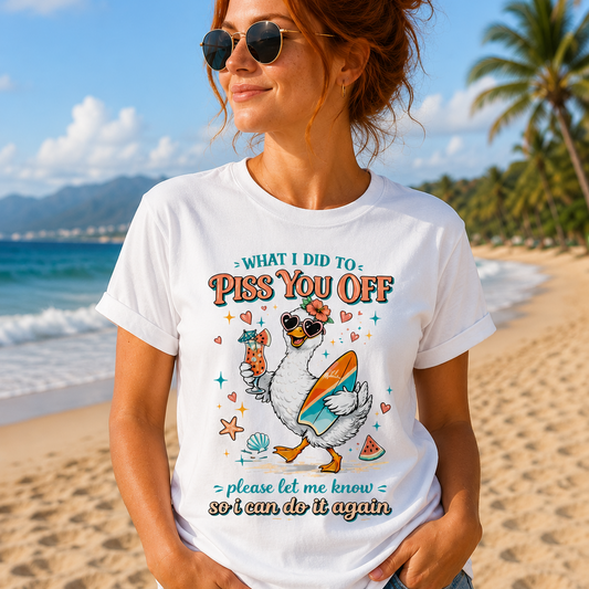 Funny beach duck graphic t-shirt with sarcastic quote, surfboard, tropical drink, and retro summer design on a trendy casual tee.