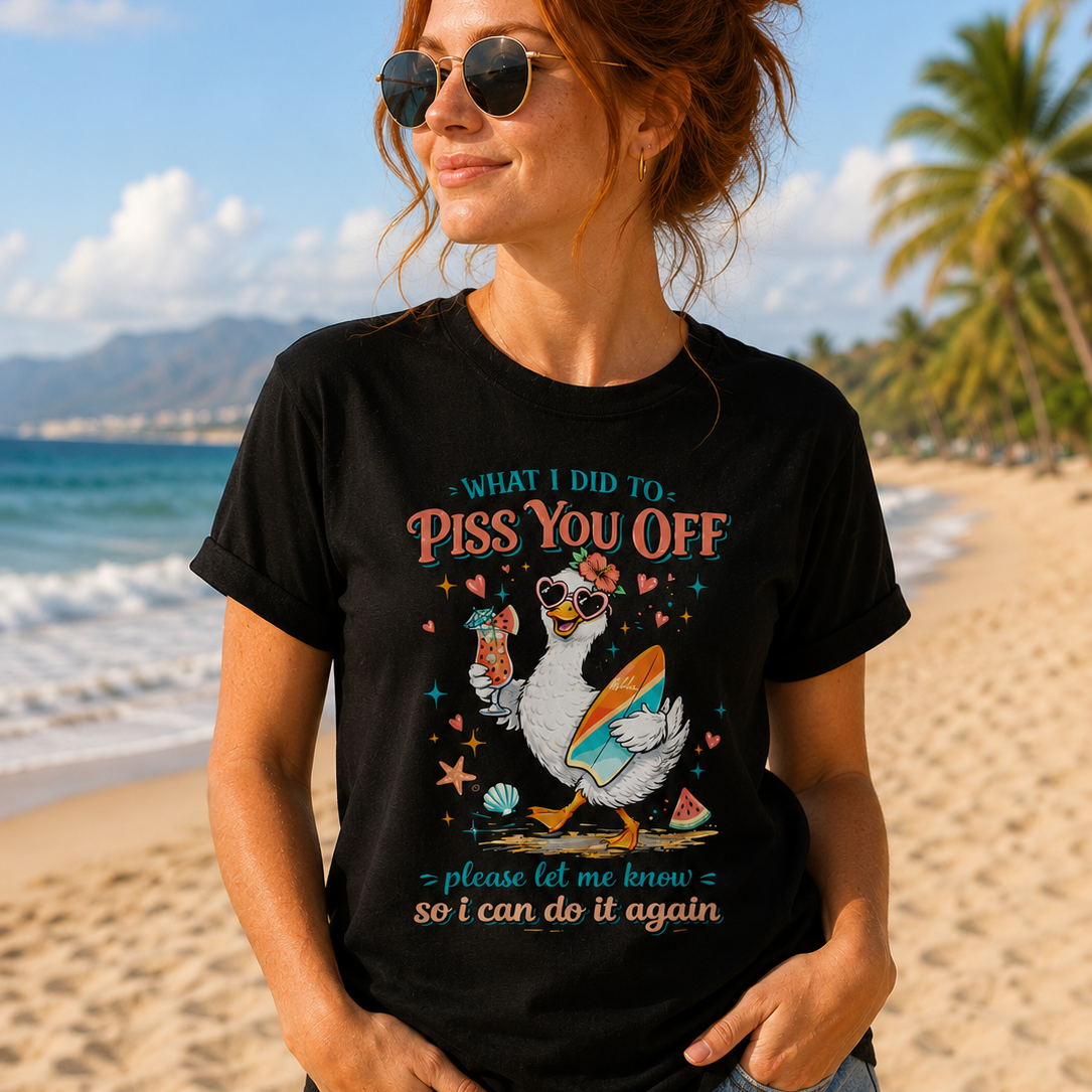 Funny beach duck graphic t-shirt with sarcastic quote, surfboard, tropical drink, and retro summer design on a trendy casual tee.