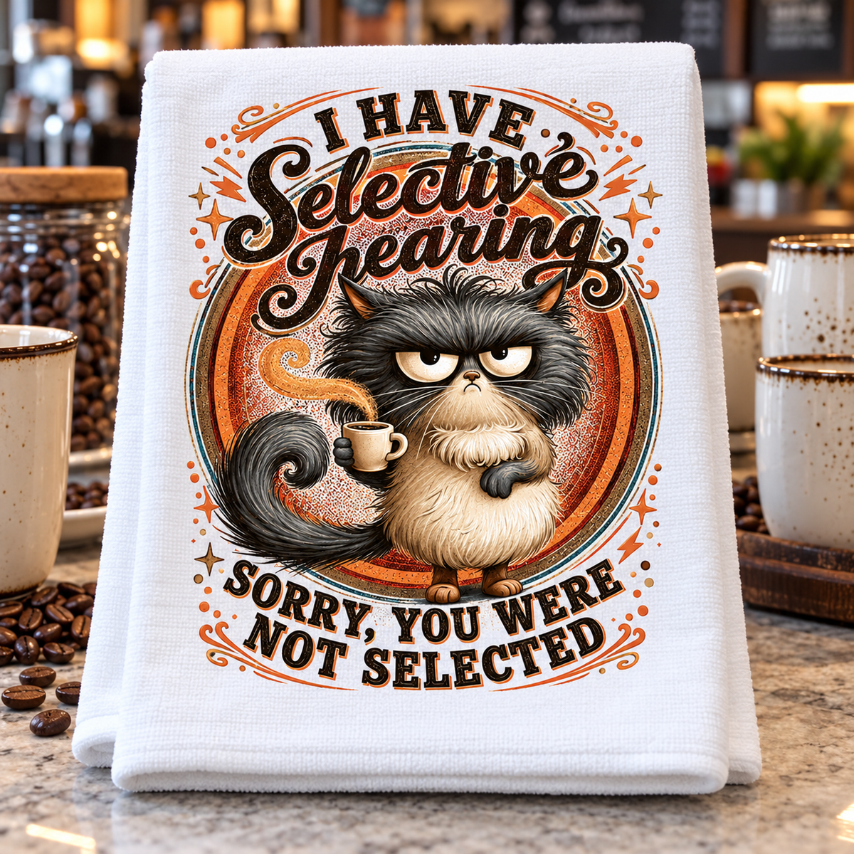 A white kitchen towel with a humorous graphic print of a grumpy cat holding a coffee cup, surrounded by the text 'I HAVE Selective Hearing SORRY, YOU WERE NOT SELECTED'. 