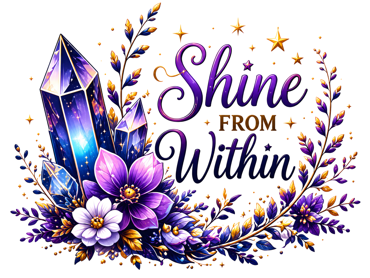 A decorative graphic with the phrase “Shine FROM Within” in purple script and serif text, surrounded by purple crystals, flowers, leaves, and gold stars on a black background.