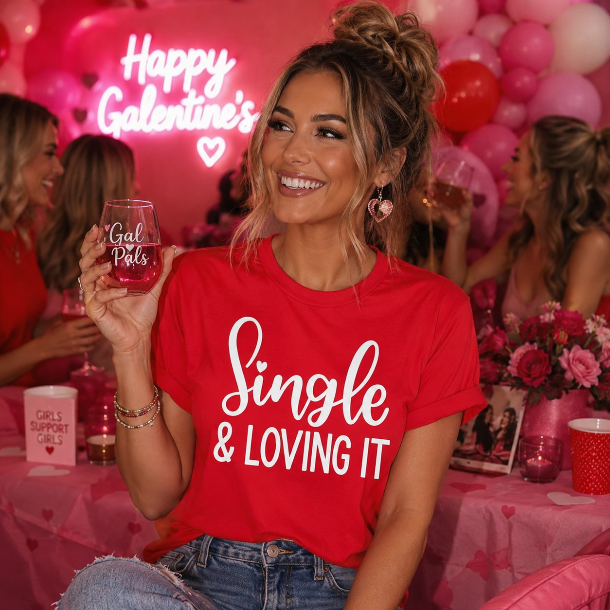 Woman in a red 'Single & Loving It' shirt holding a glass at a Valentine's Day party.