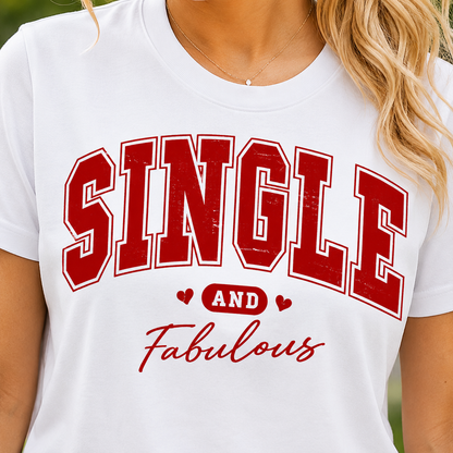 White t-shirt with red text 'SINGLE AND Fabulous' worn by a person.