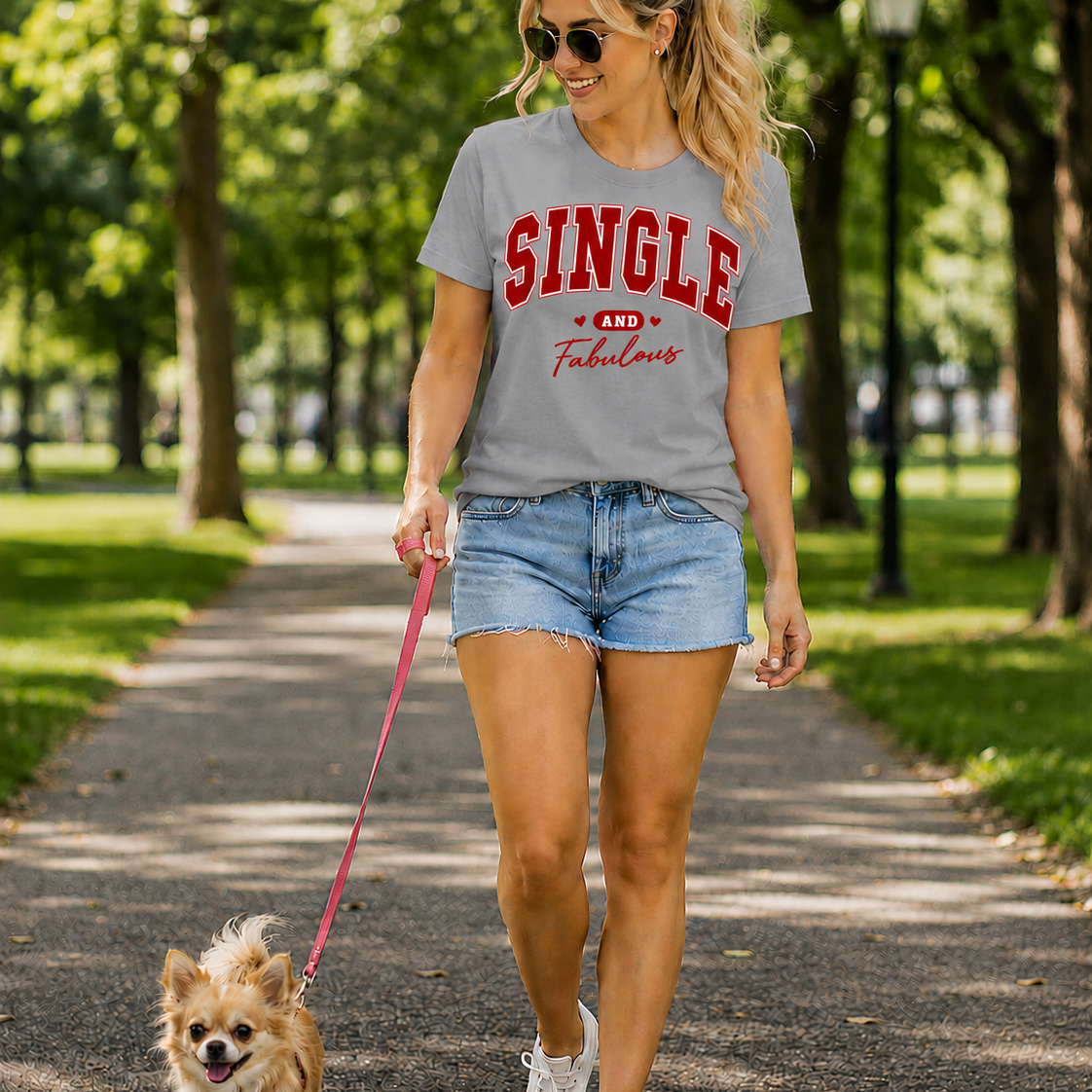 Woman walking a dog on a leash in a park wearing a 'SINGLE AND Fabulous' sport gray t-shirt.
