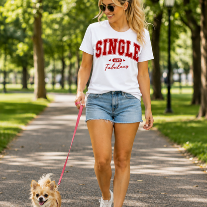 Woman walking a dog on a leash in a park wearing a 'SINGLE and Fabulous' white t-shirt.